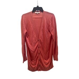 LOFT‎ Cardigan Women's Size L Coral Button Up Pockets 100% Linen Cozy Classic